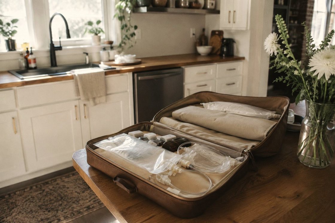 A sealed supply case opened out on a kitchen counter before a visit