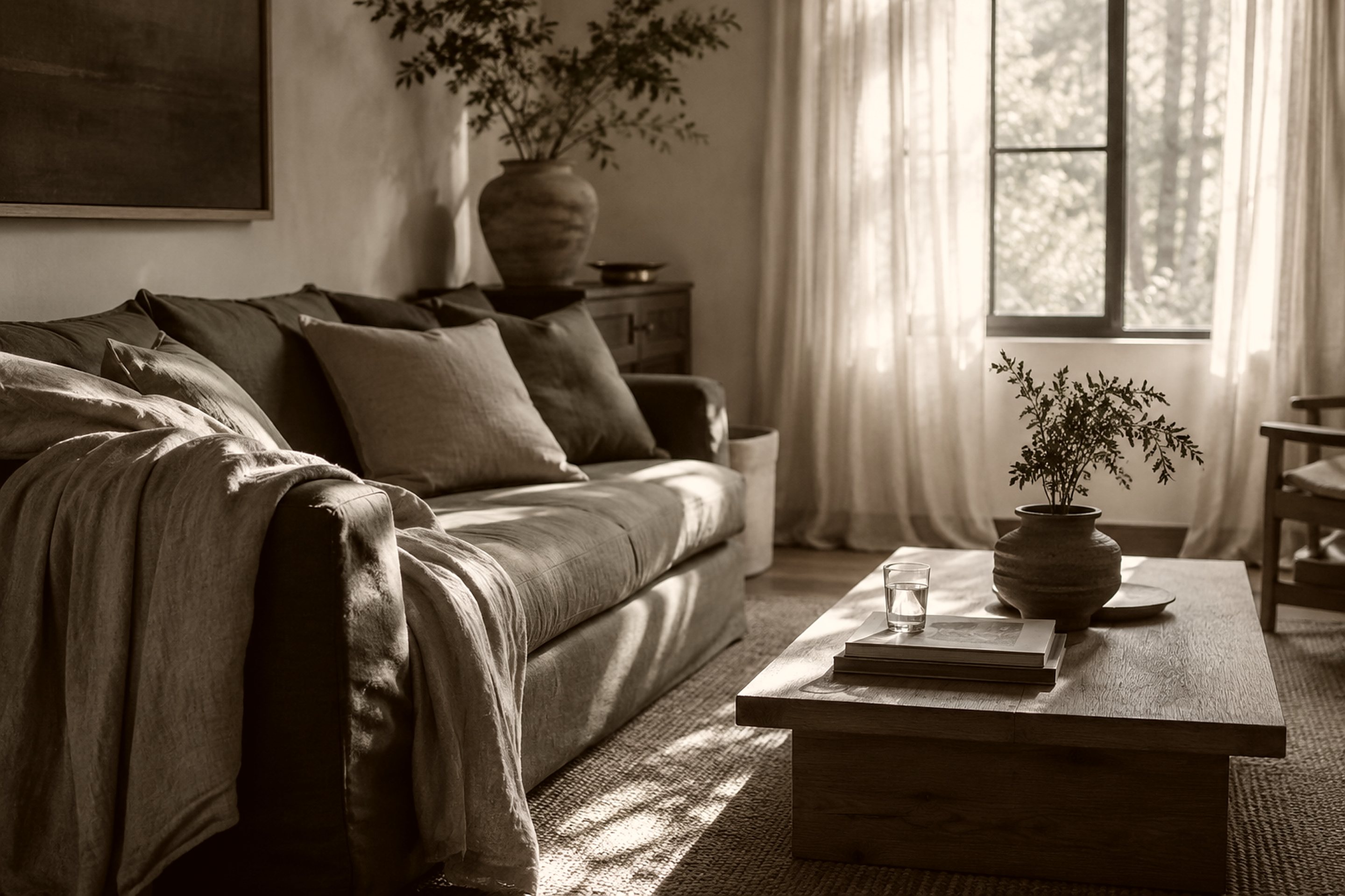 A living room set up for an infusion, a chair pulled up beside a brass drip stand in morning light