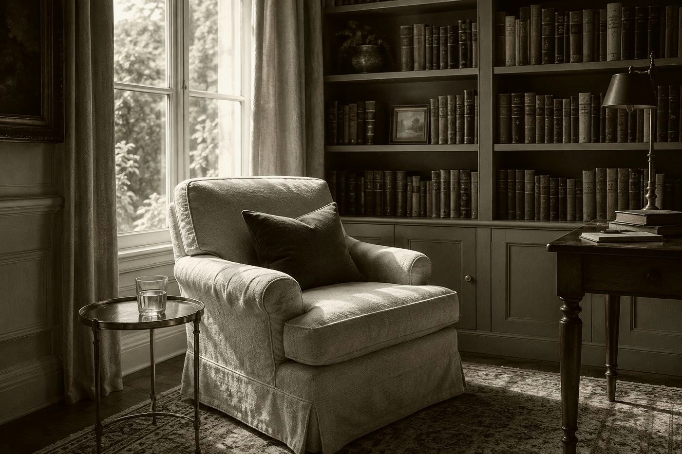 A linen armchair beside a wall of books in the late afternoon