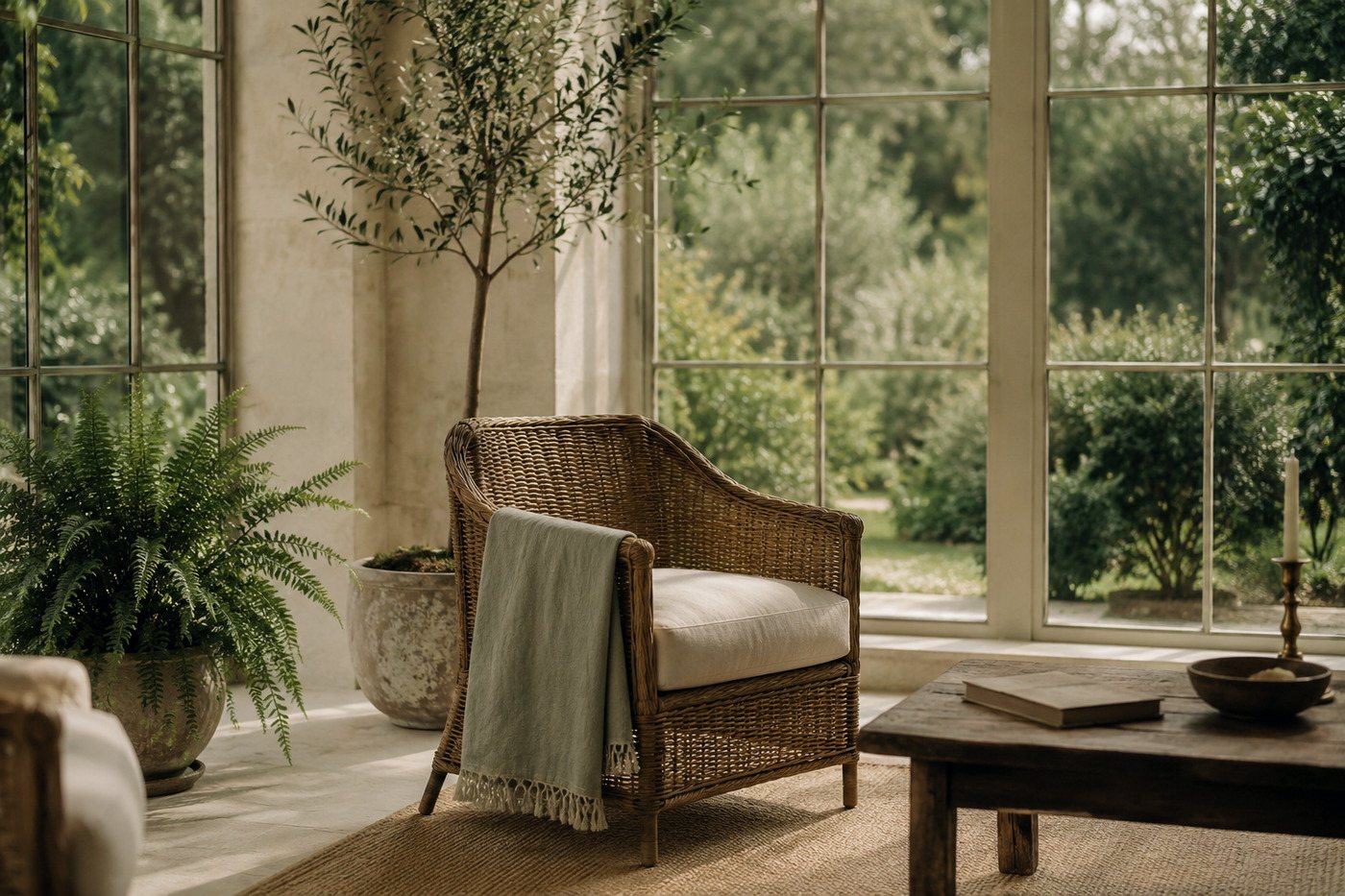 A rattan chair in a sunroom looking onto the garden