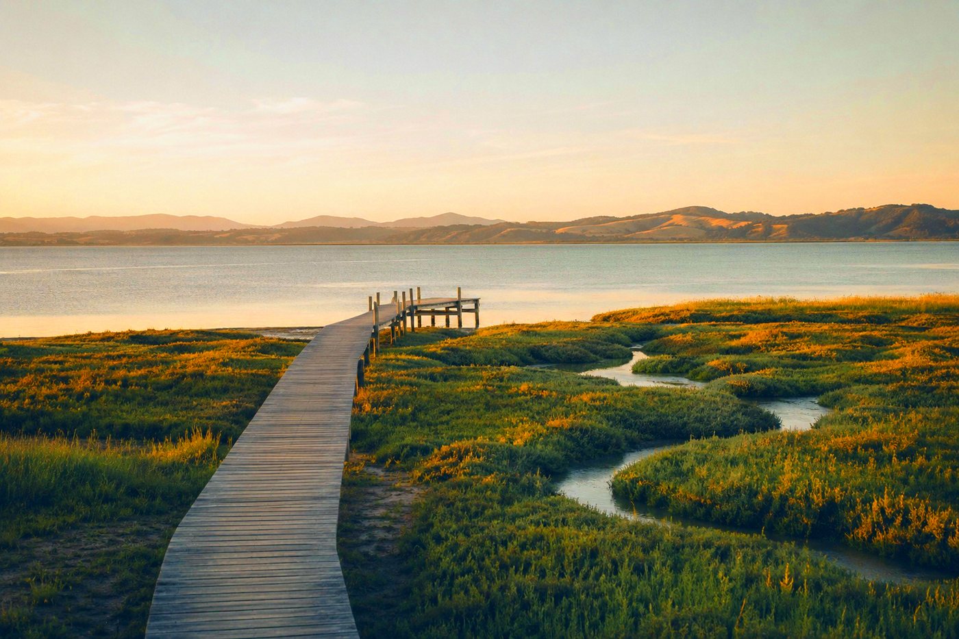 A timber boardwalk running out through the baylands marsh to open water near East Palo Alto
