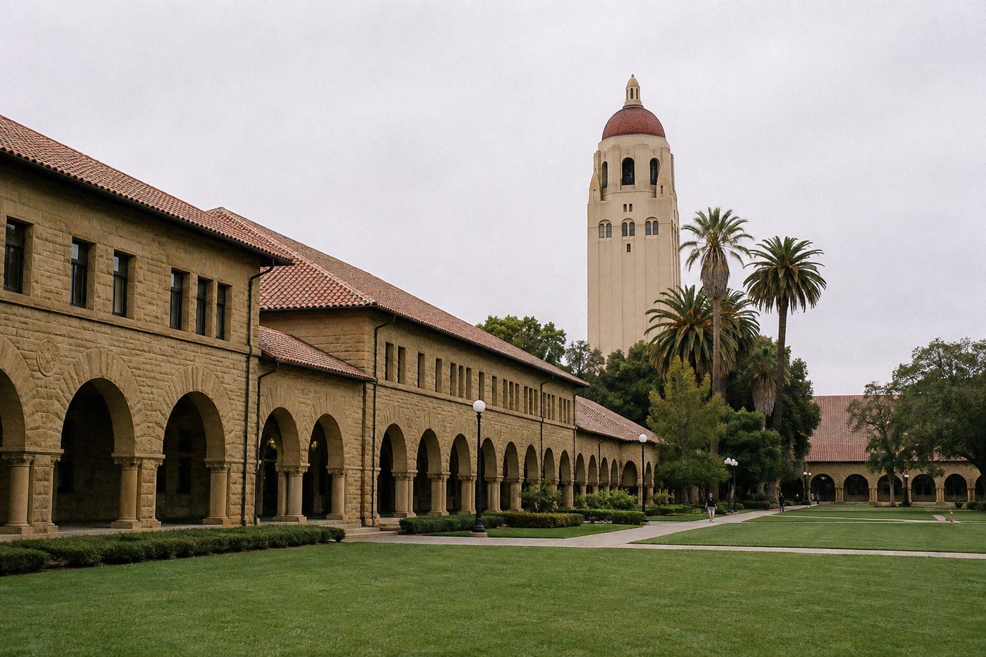 Sandstone arcades and palms on the quad at Stanford